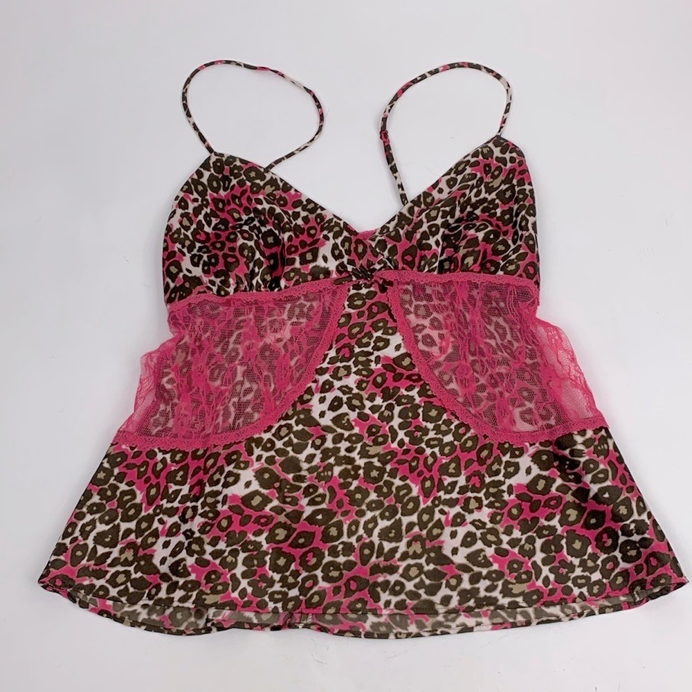 💰Bundle 3/$30 Flora Nikrooz Pink brown lace leopard print nighty lingerie top M